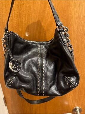 Michael Kors Black Leather Studded Shoulder Bag with MK Charm